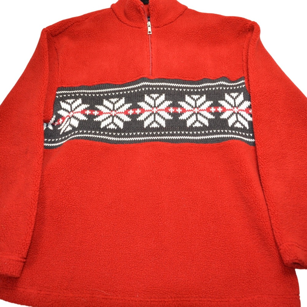 Nautica Mens XL Red Snowflake Quarter Zip Fleece Pullover Sweater Holiday Soft